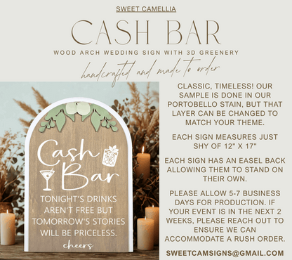3D Arched Cash Bar Wedding Sign | Modern Eucalyptus Reception Beverage Decor