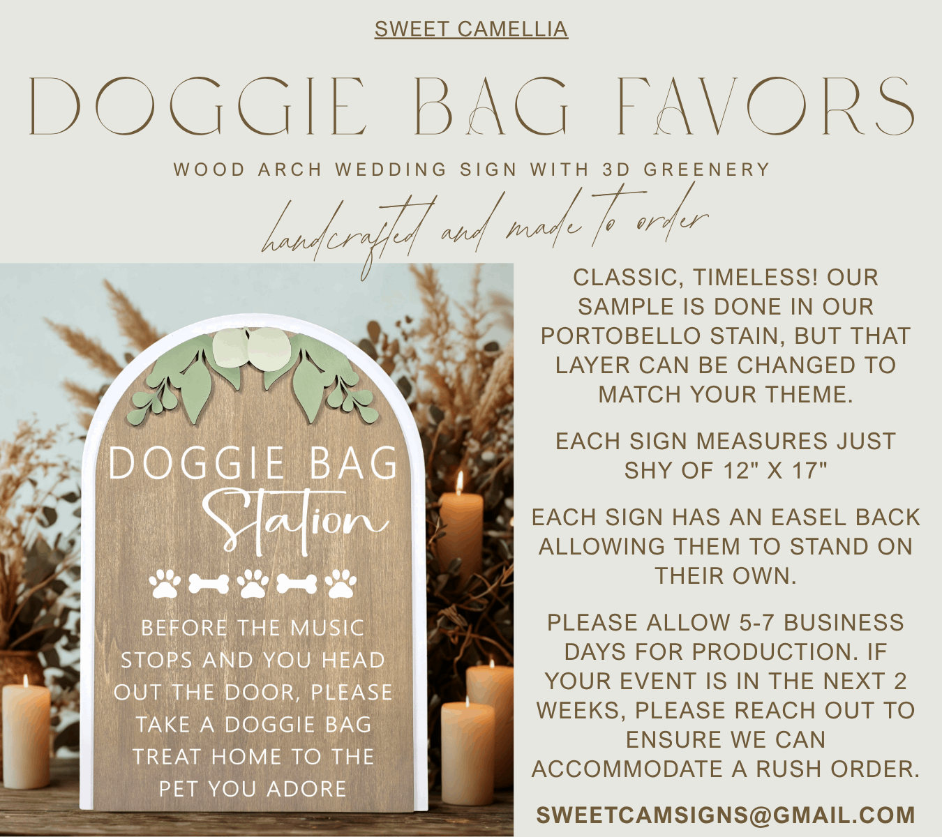 3D Arched Doggie Bag Favor Wedding Sign | Modern Eucalyptus Pet Treat Station Decor