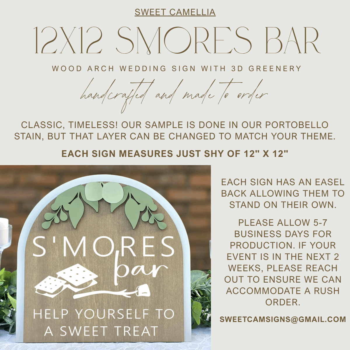 3D Arched S'mores Bar Wedding Sign | Modern Eucalyptus Dessert Table Decor