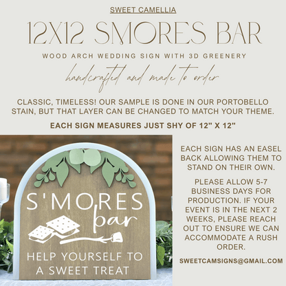 3D Arched S'mores Bar Wedding Sign | Modern Eucalyptus Dessert Table Decor