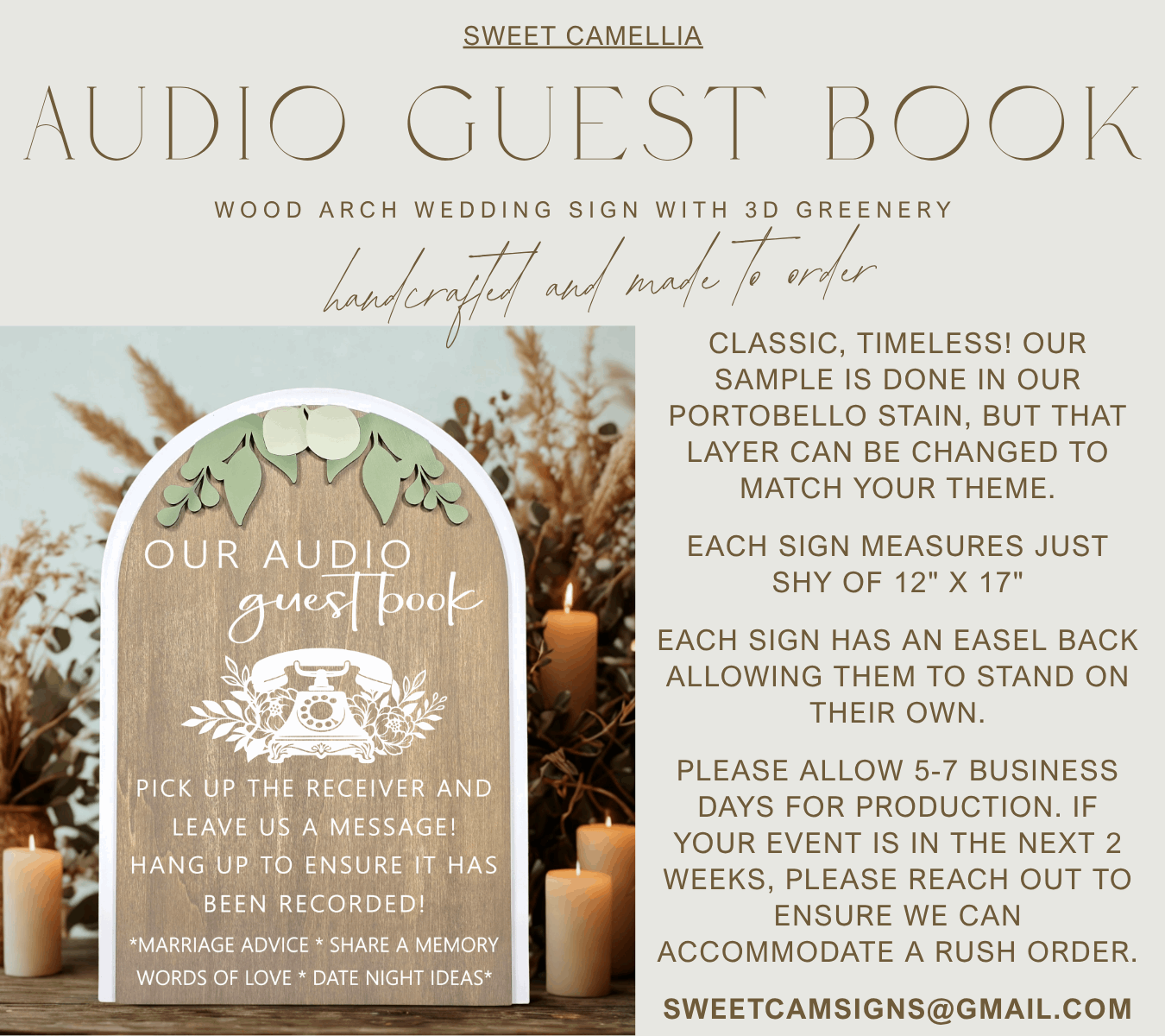 3D Arched Audio Guest Book Wedding Sign | Modern Eucalyptus Telephone Station Decor