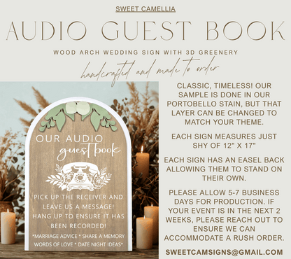 3D Arched Audio Guest Book Wedding Sign | Modern Eucalyptus Telephone Station Decor