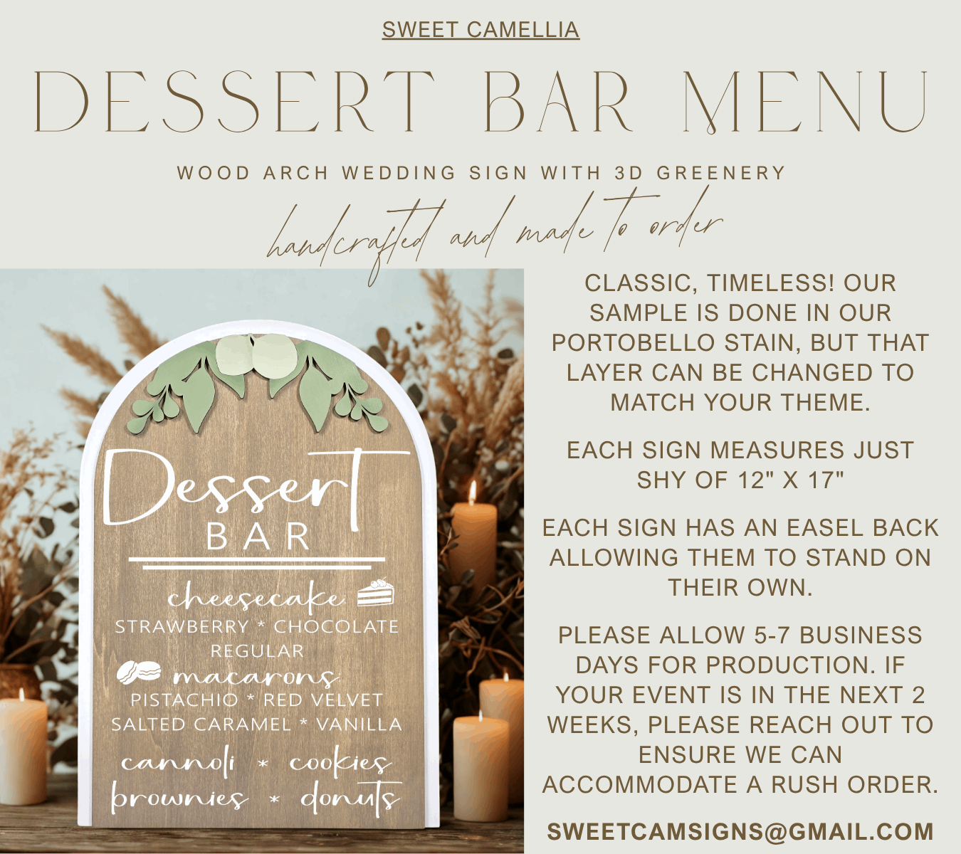 3D Arched Custom Dessert Bar Menu Sign | Eucalyptus Reception Sweets Decor