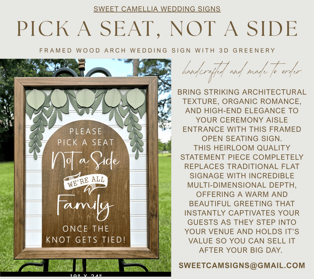 3D Framed Pick a Seat Not a Side Wedding Sign | Open Seating Ceremony Decor | Portobello Botanical Suite