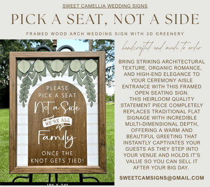 3D Framed Pick a Seat Not a Side Wedding Sign | Open Seating Ceremony Decor | Portobello Botanical Suite