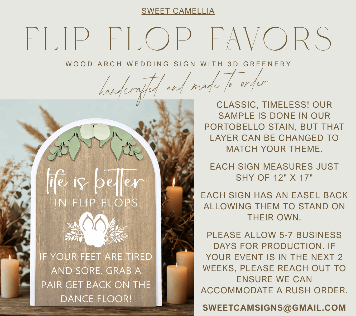 3D Arched Flip Flop Favors Wedding Sign | Modern Eucalyptus Reception Dance Floor Decor