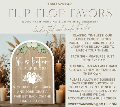 3D Arched Flip Flop Favors Wedding Sign | Modern Eucalyptus Reception Dance Floor Decor
