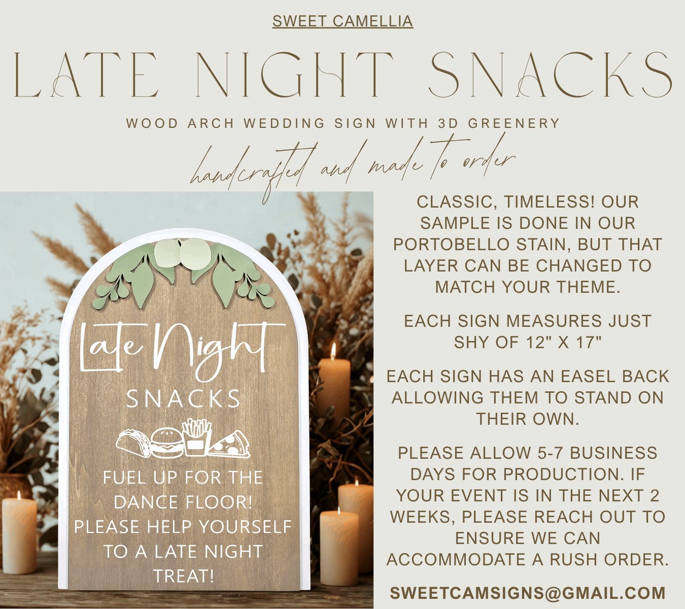 3D Arched Late Night Snacks Wedding Sign | Modern Eucalyptus Reception Food Station Decor