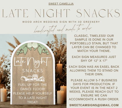 3D Arched Late Night Snacks Wedding Sign | Modern Eucalyptus Reception Food Station Decor