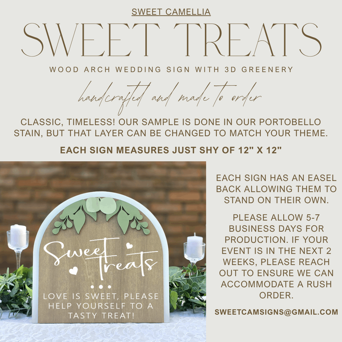 3D Arched Sweet Treats Wedding Sign | Tabletop Eucalyptus Reception Dessert Station Decor