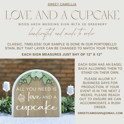 3D Arched All You Need Is Love And A Cupcake Wedding Sign | Tabletop Eucalyptus Dessert Station Decor