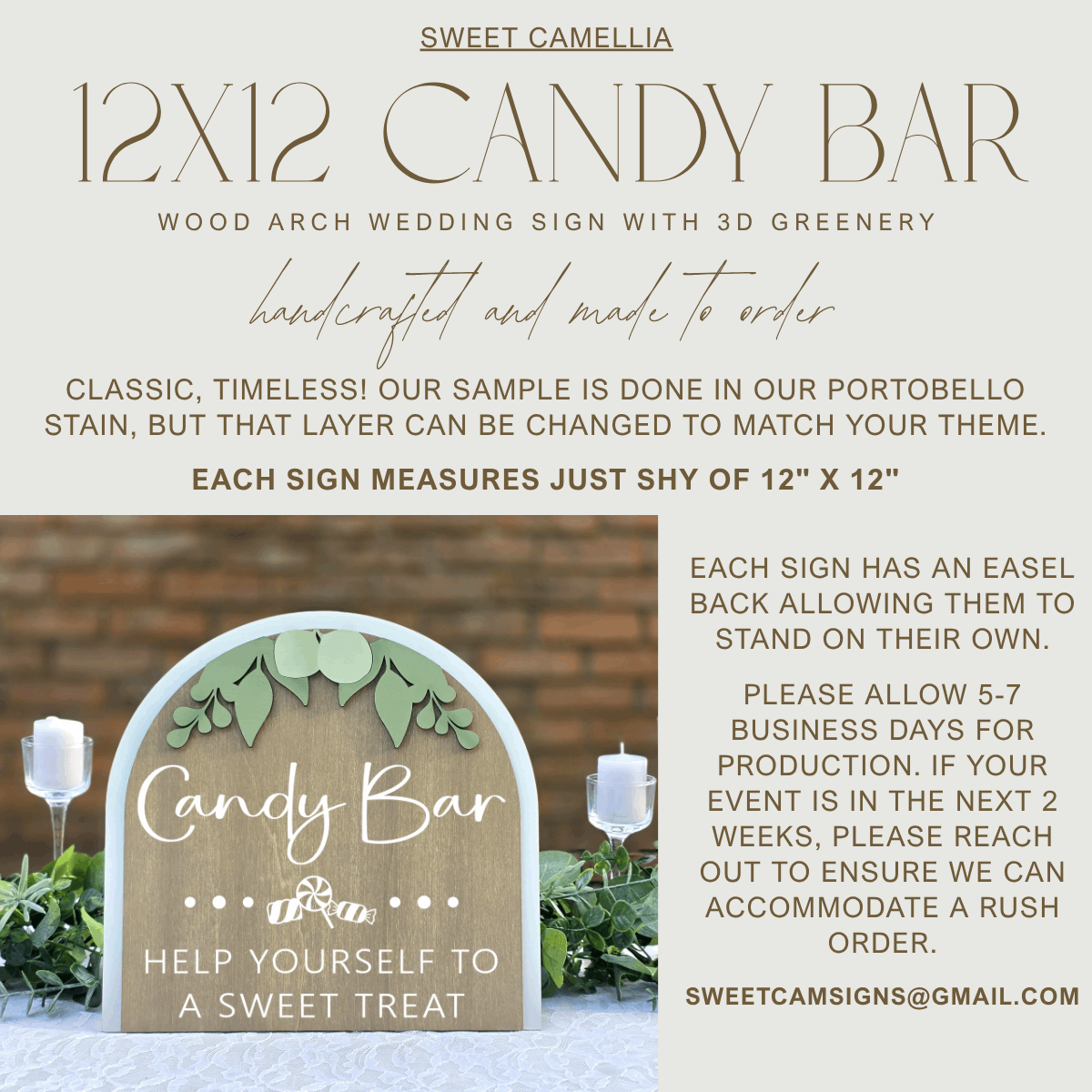 3D Arched Candy Bar Wedding Sign | Tabletop Eucalyptus Reception Dessert Station Decor