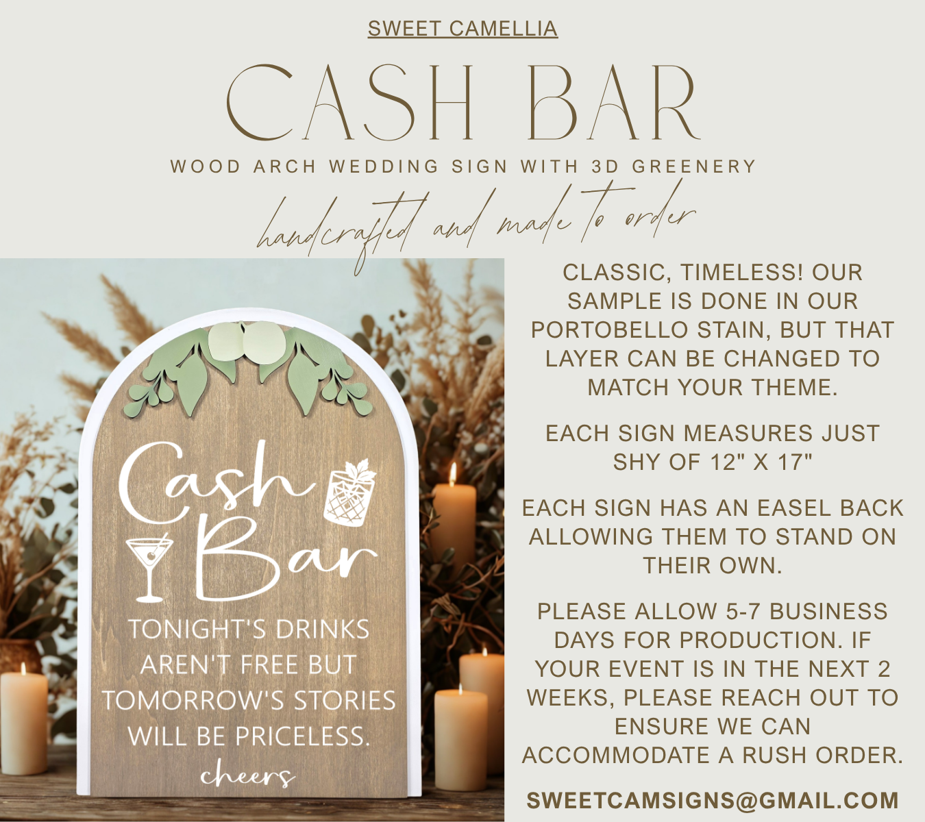 3D Arched Cash Bar Wedding Sign | Modern Eucalyptus Reception Beverage Decor