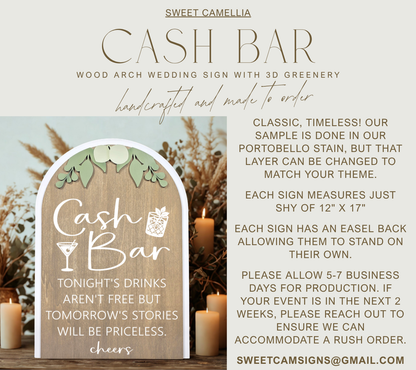 3D Arched Cash Bar Wedding Sign | Modern Eucalyptus Reception Beverage Decor