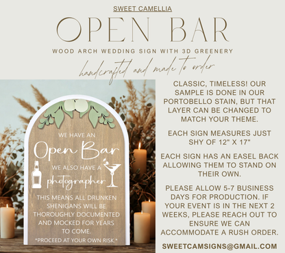 3D Arched Open Bar Wedding Sign | Funny Photographer Reception Drink Decor