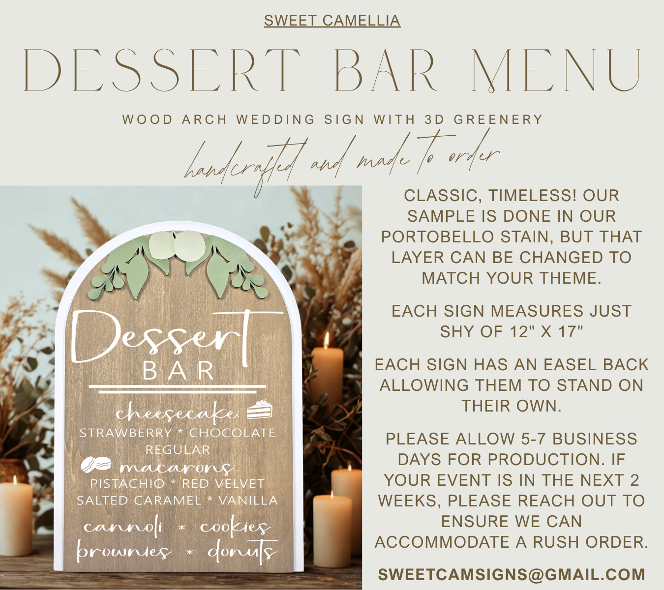 3D Arched Custom Dessert Bar Menu Sign | Eucalyptus Reception Sweets Decor
