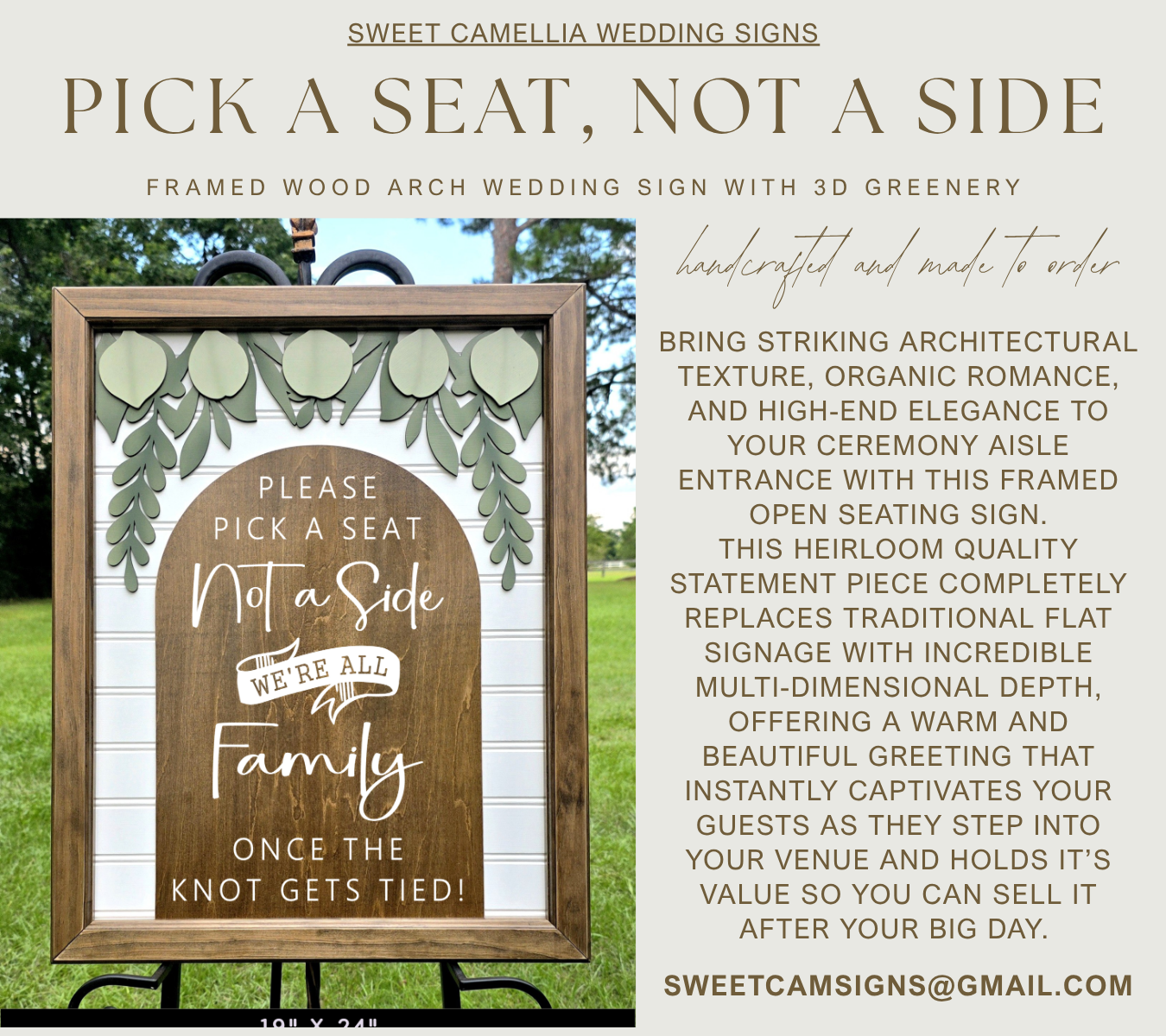 3D Framed Pick a Seat Not a Side Wedding Sign | Open Seating Ceremony Decor | Portobello Botanical Suite