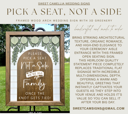 3D Framed Pick a Seat Not a Side Wedding Sign | Open Seating Ceremony Decor | Portobello Botanical Suite