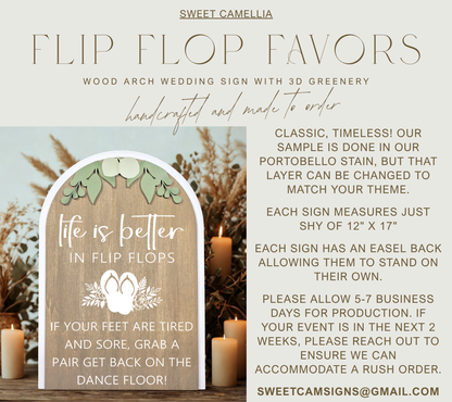 3D Arched Flip Flop Favors Wedding Sign | Modern Eucalyptus Reception Dance Floor Decor