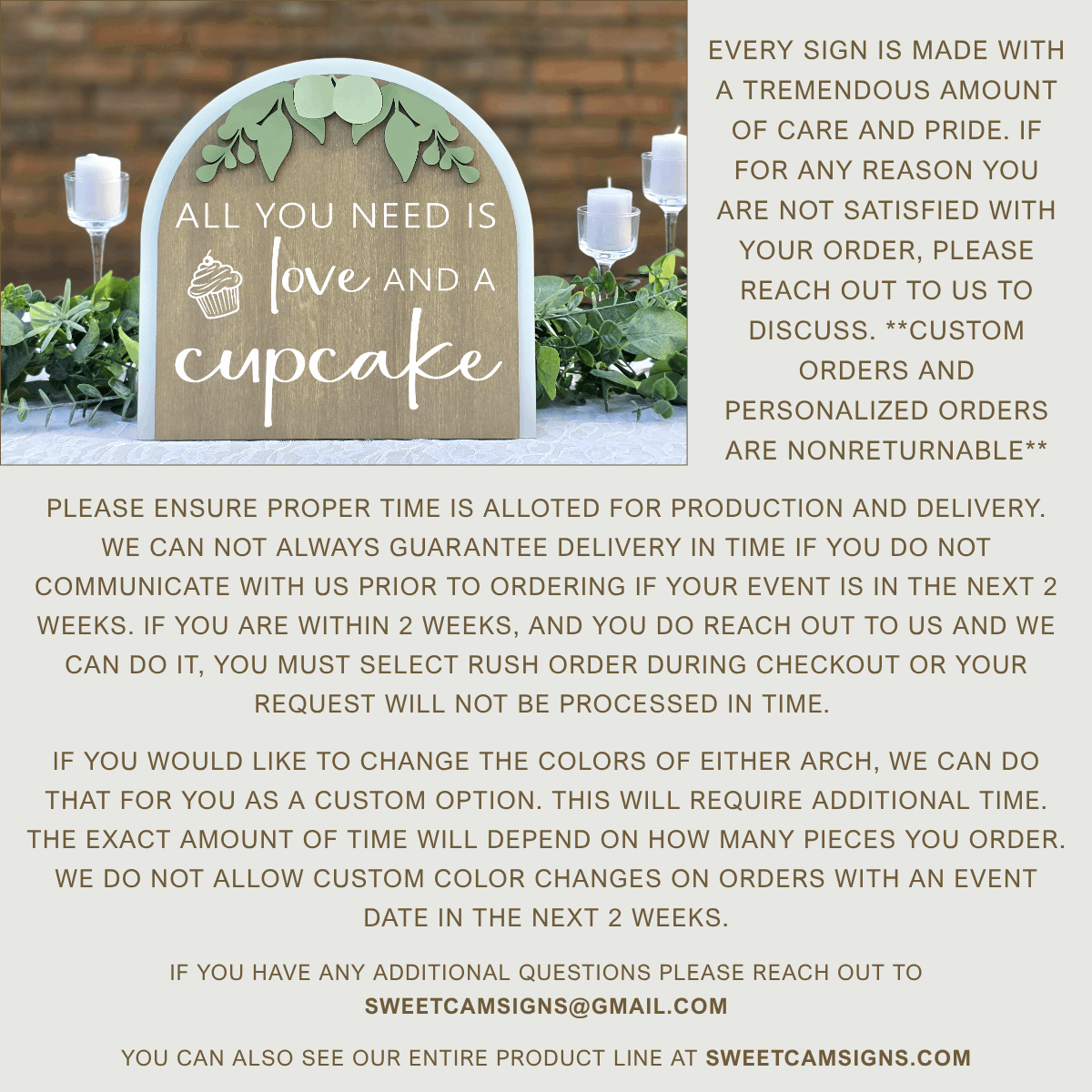 3D Arched All You Need Is Love And A Cupcake Wedding Sign | Tabletop Eucalyptus Dessert Station Decor
