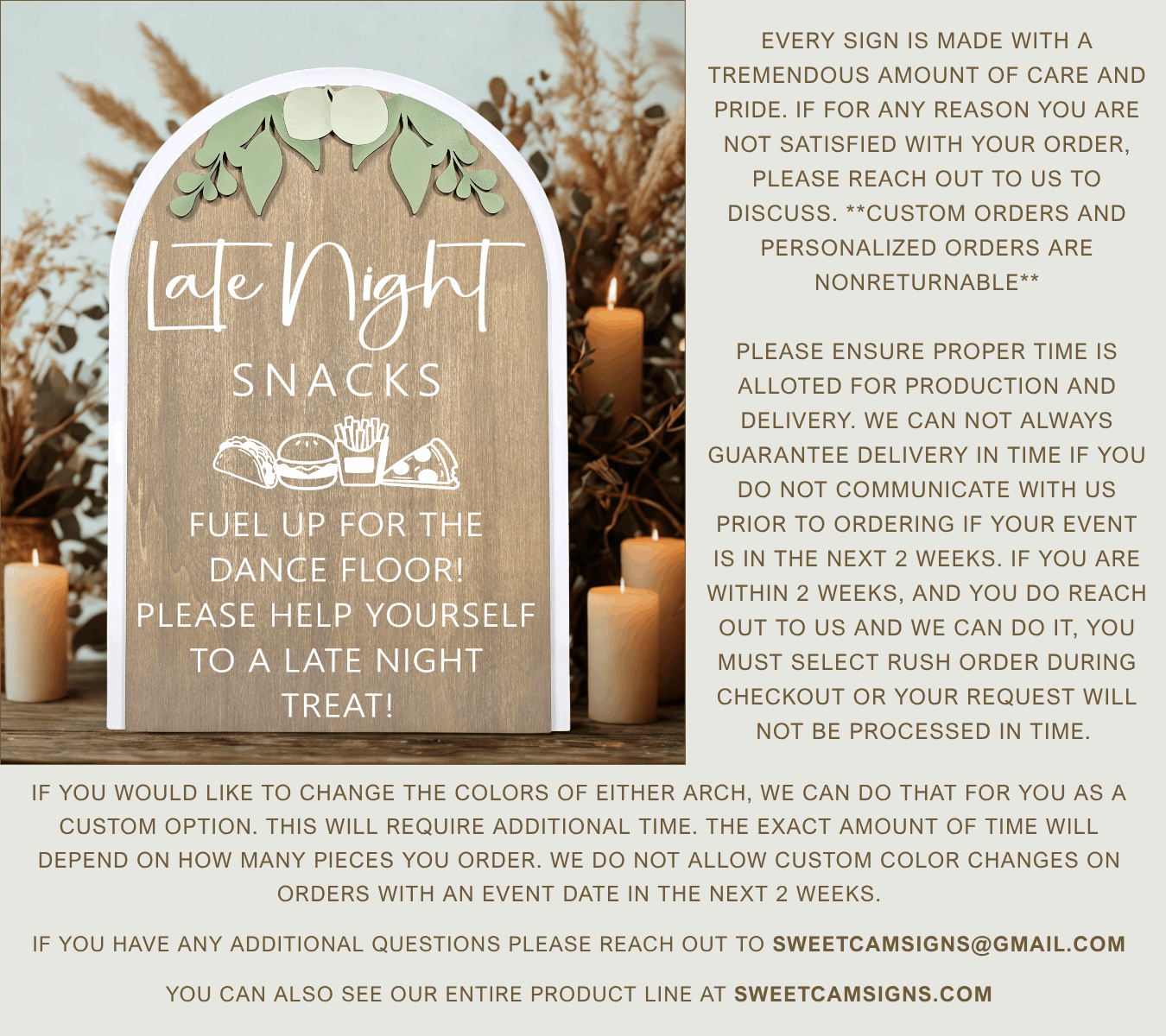 3D Arched Late Night Snacks Wedding Sign | Modern Eucalyptus Reception Food Station Decor