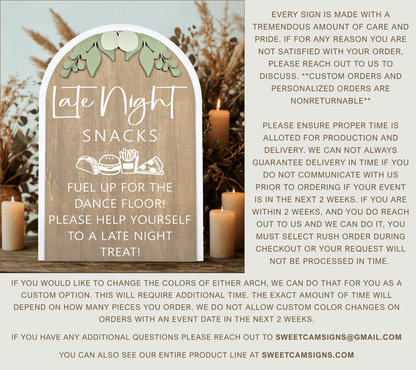 3D Arched Late Night Snacks Wedding Sign | Modern Eucalyptus Reception Food Station Decor