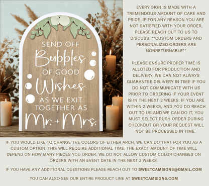 3D Arched Bubble Send Off Style 1 Wedding Sign | Modern Eucalyptus Table Decor
