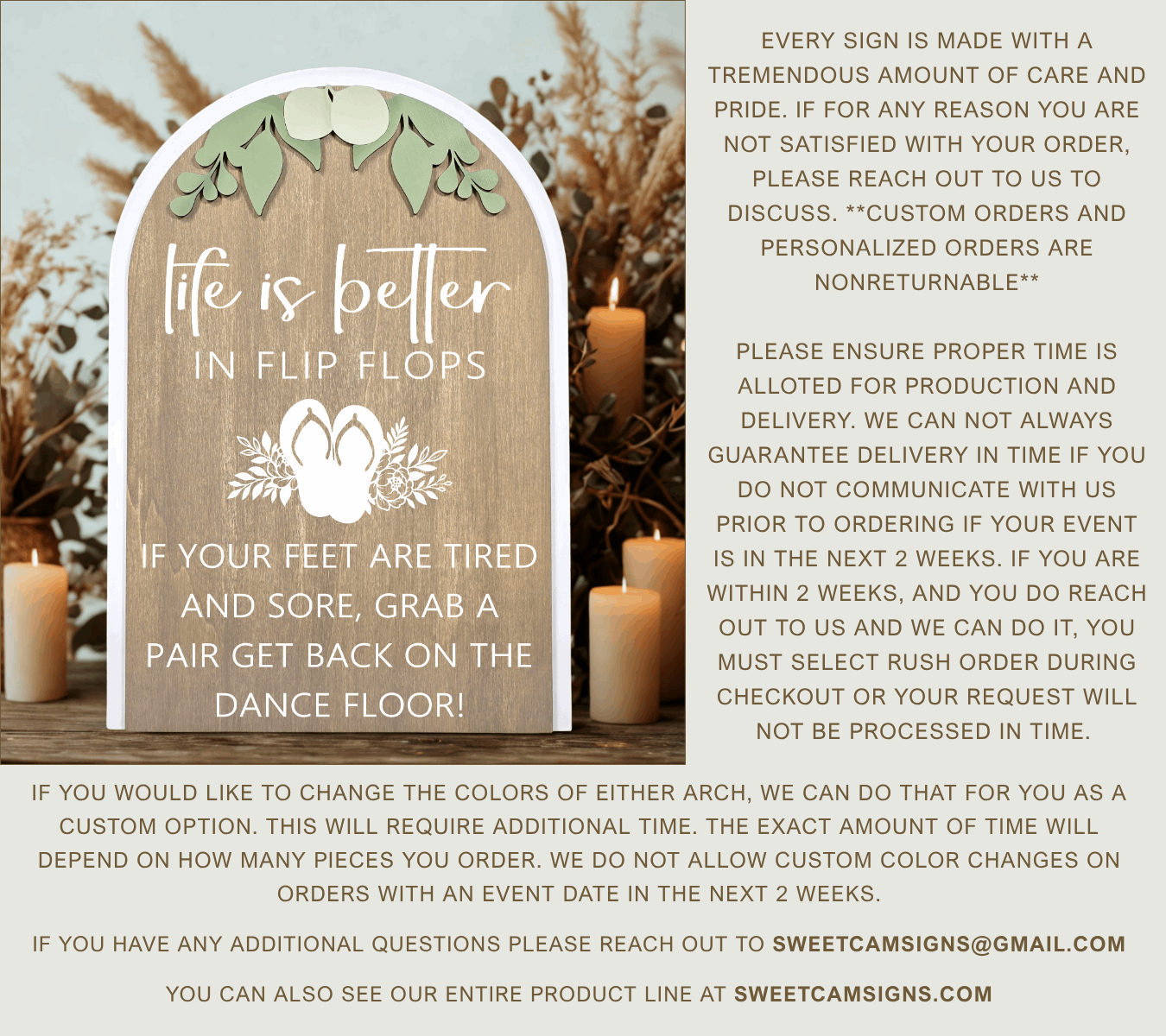 3D Arched Flip Flop Favors Wedding Sign | Modern Eucalyptus Reception Dance Floor Decor