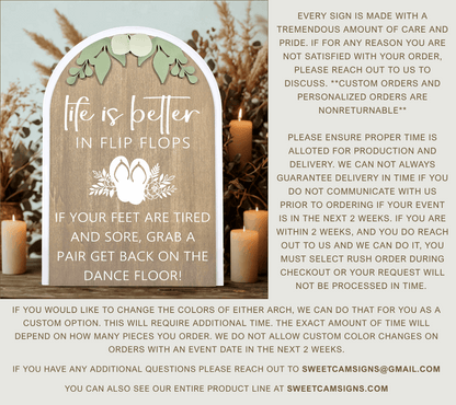 3D Arched Flip Flop Favors Wedding Sign | Modern Eucalyptus Reception Dance Floor Decor