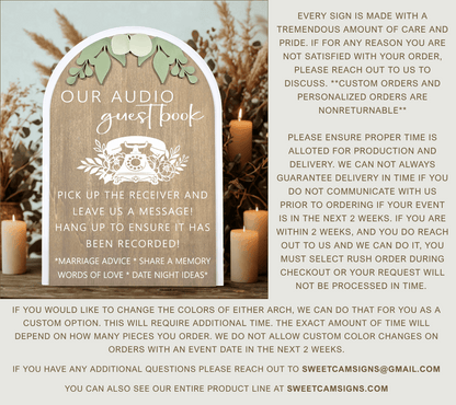3D Arched Audio Guest Book Wedding Sign | Modern Eucalyptus Telephone Station Decor