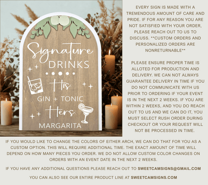 3D Arched Custom Signature Drinks Wedding Sign | Modern Eucalyptus Bar Menu Decor
