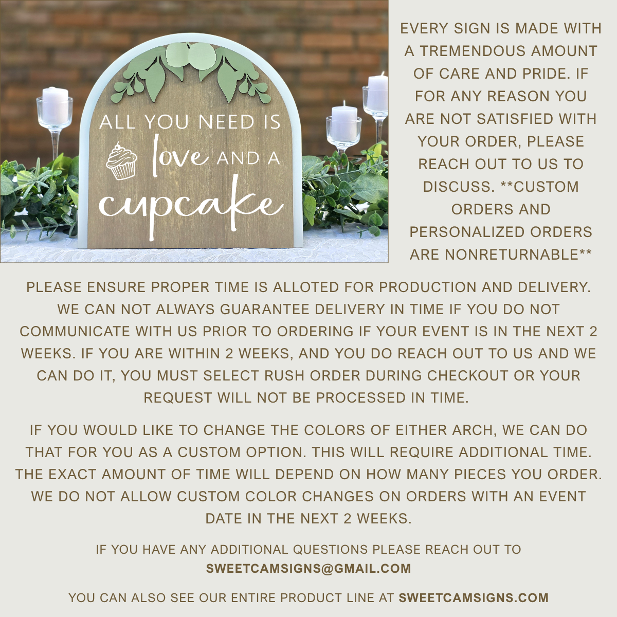 3D Arched All You Need Is Love And A Cupcake Wedding Sign | Tabletop Eucalyptus Dessert Station Decor