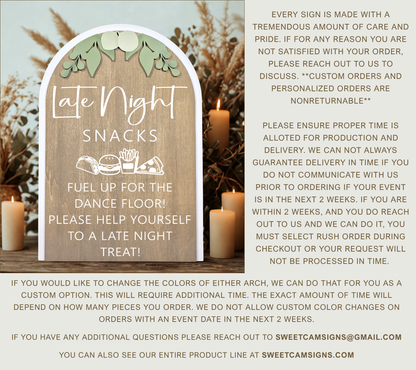 3D Arched Late Night Snacks Wedding Sign | Modern Eucalyptus Reception Food Station Decor