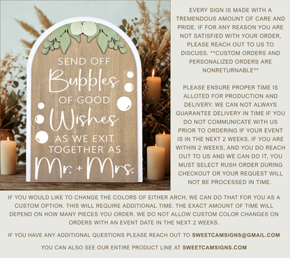 3D Arched Bubble Send Off Style 1 Wedding Sign | Modern Eucalyptus Table Decor