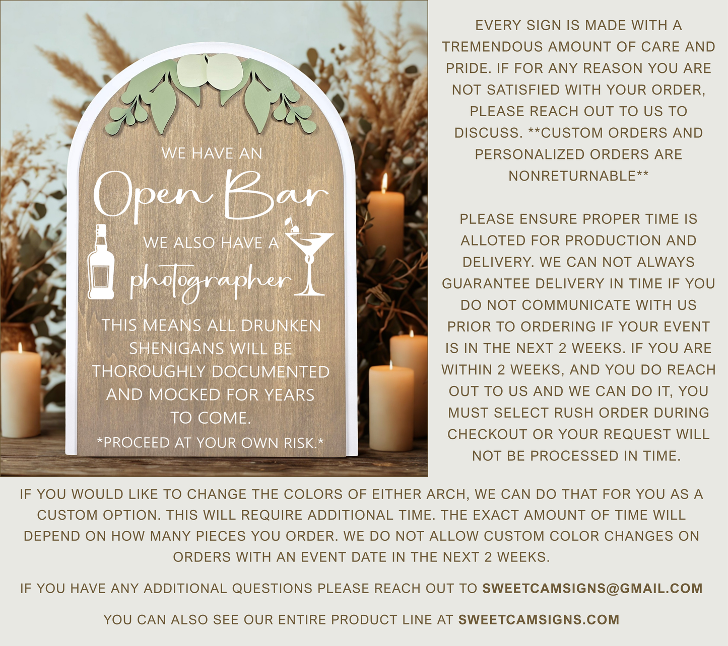 3D Arched Open Bar Wedding Sign | Funny Photographer Reception Drink Decor