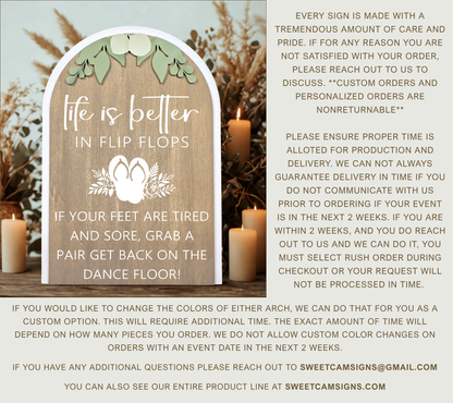 3D Arched Flip Flop Favors Wedding Sign | Modern Eucalyptus Reception Dance Floor Decor