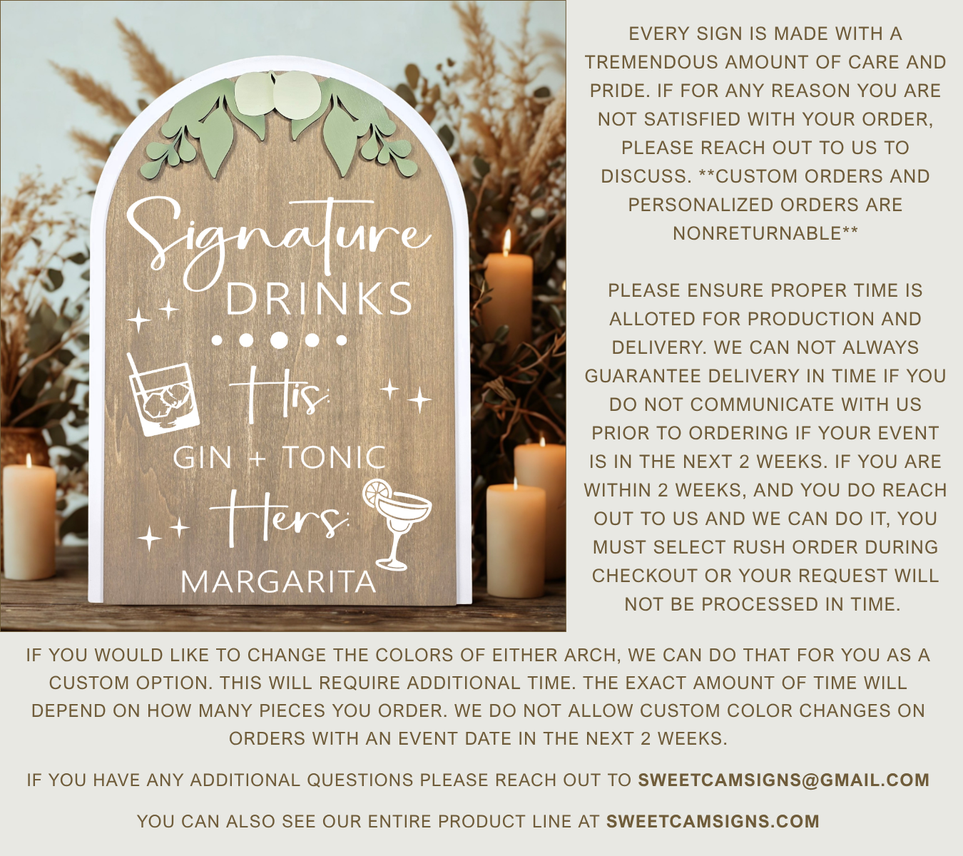 3D Arched Custom Signature Drinks Wedding Sign | Modern Eucalyptus Bar Menu Decor