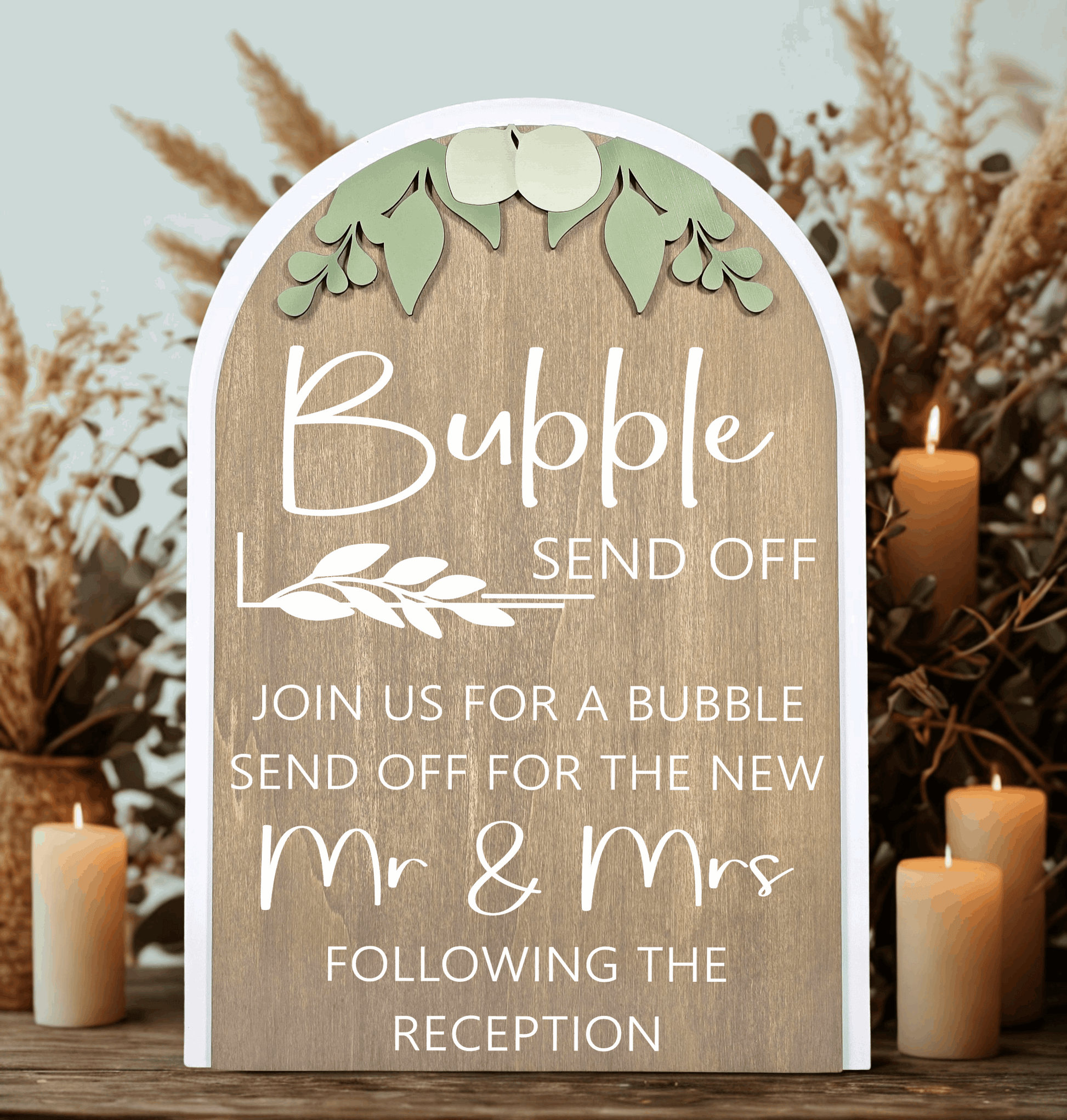 3D Arched Bubble Send Off Wedding Sign Style 2 | Modern Eucalyptus Table Decor