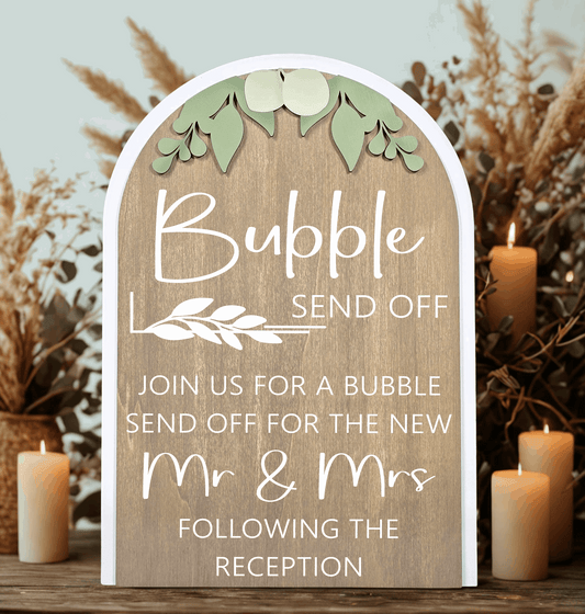3D Arched Bubble Send Off Wedding Sign Style 2 | Modern Eucalyptus Table Decor
