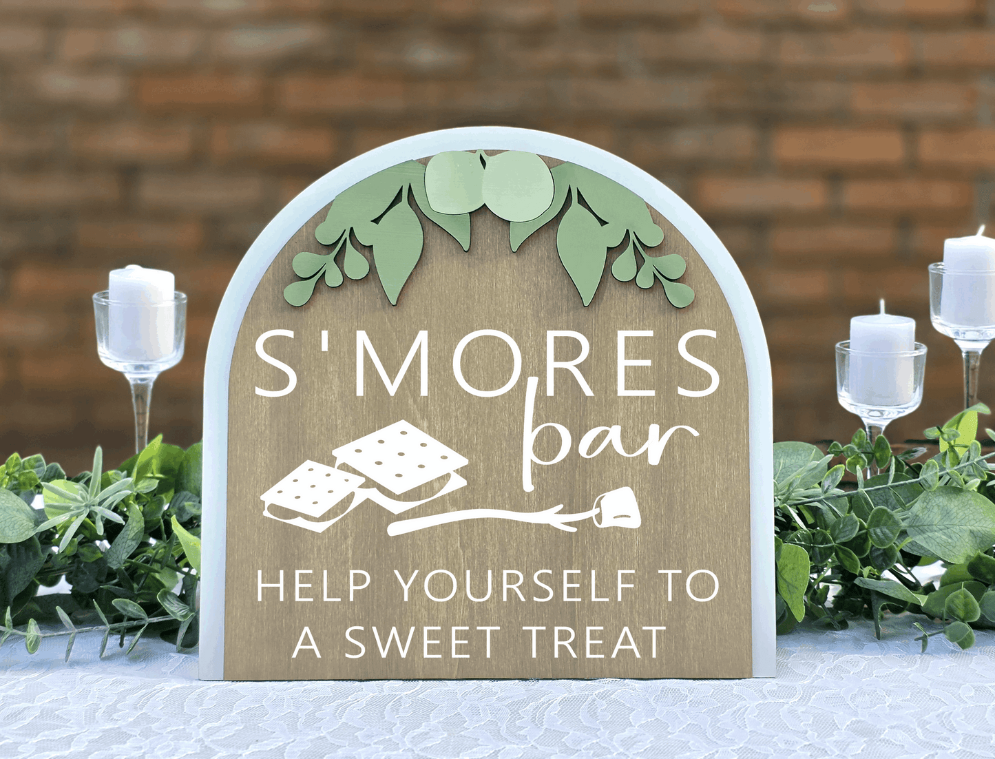 3D Arched S'mores Bar Wedding Sign | Modern Eucalyptus Dessert Table Decor