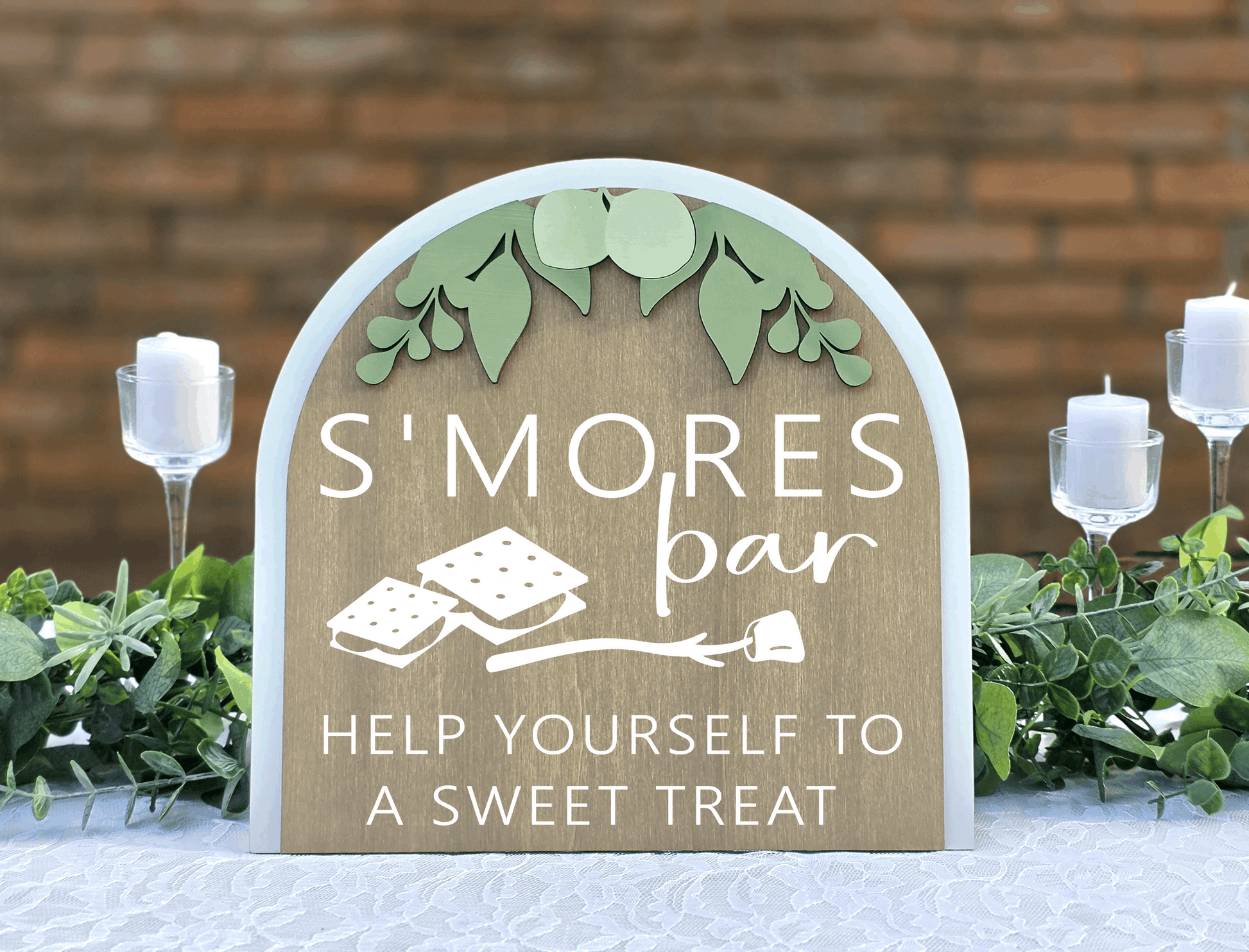 3D Arched S'mores Bar Wedding Sign | Modern Eucalyptus Dessert Table Decor