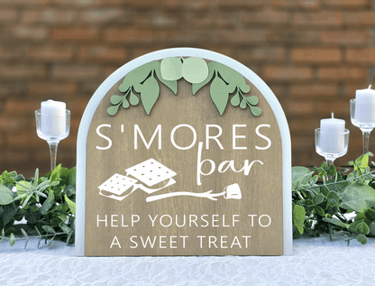 3D Arched S'mores Bar Wedding Sign | Modern Eucalyptus Dessert Table Decor
