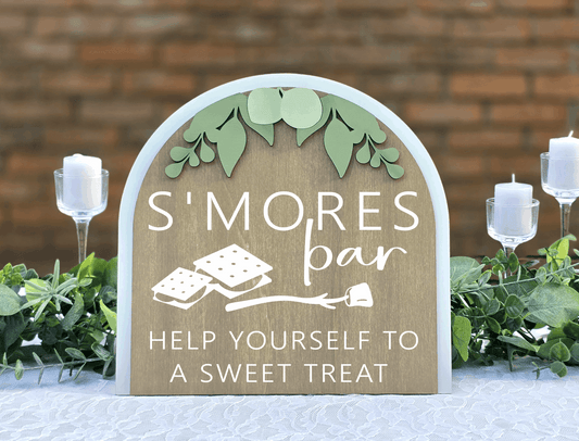 3D Arched S'mores Bar Wedding Sign | Modern Eucalyptus Dessert Table Decor