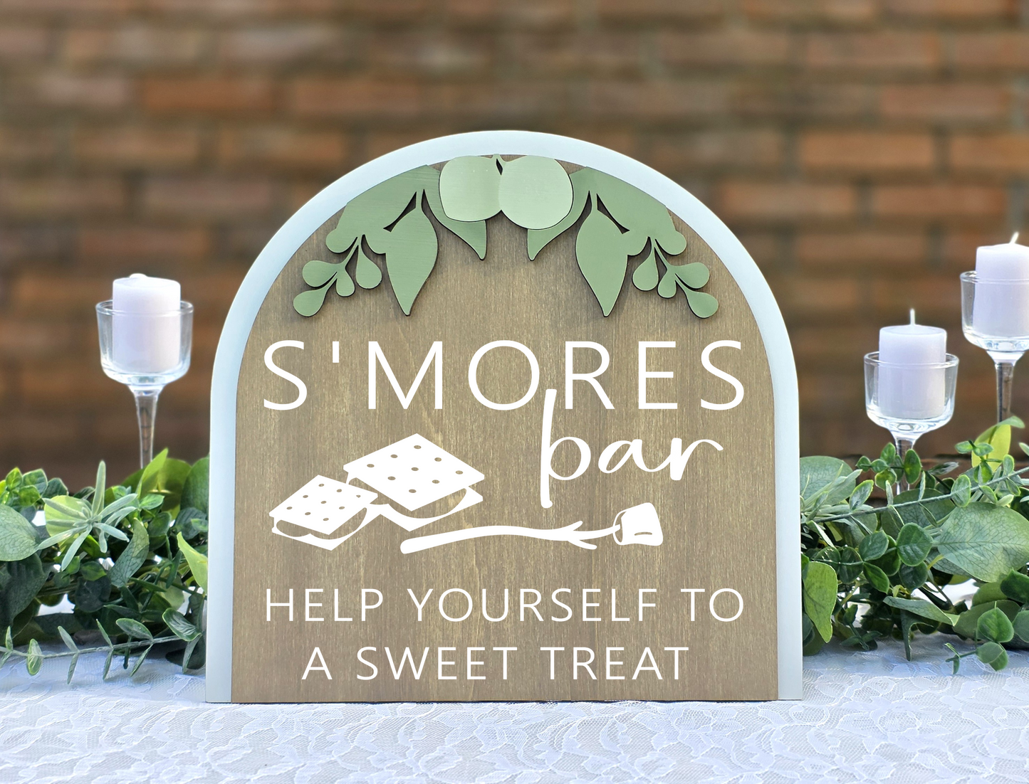 3D Arched S'mores Bar Wedding Sign | Modern Eucalyptus Dessert Table Decor