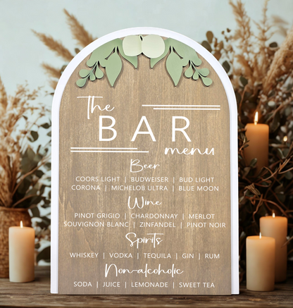 3D Arched Custom Bar Menu Wedding Sign | Modern Eucalyptus Reception Drink List Decor