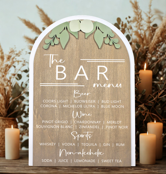 3D Arched Custom Bar Menu Wedding Sign | Modern Eucalyptus Reception Drink List Decor