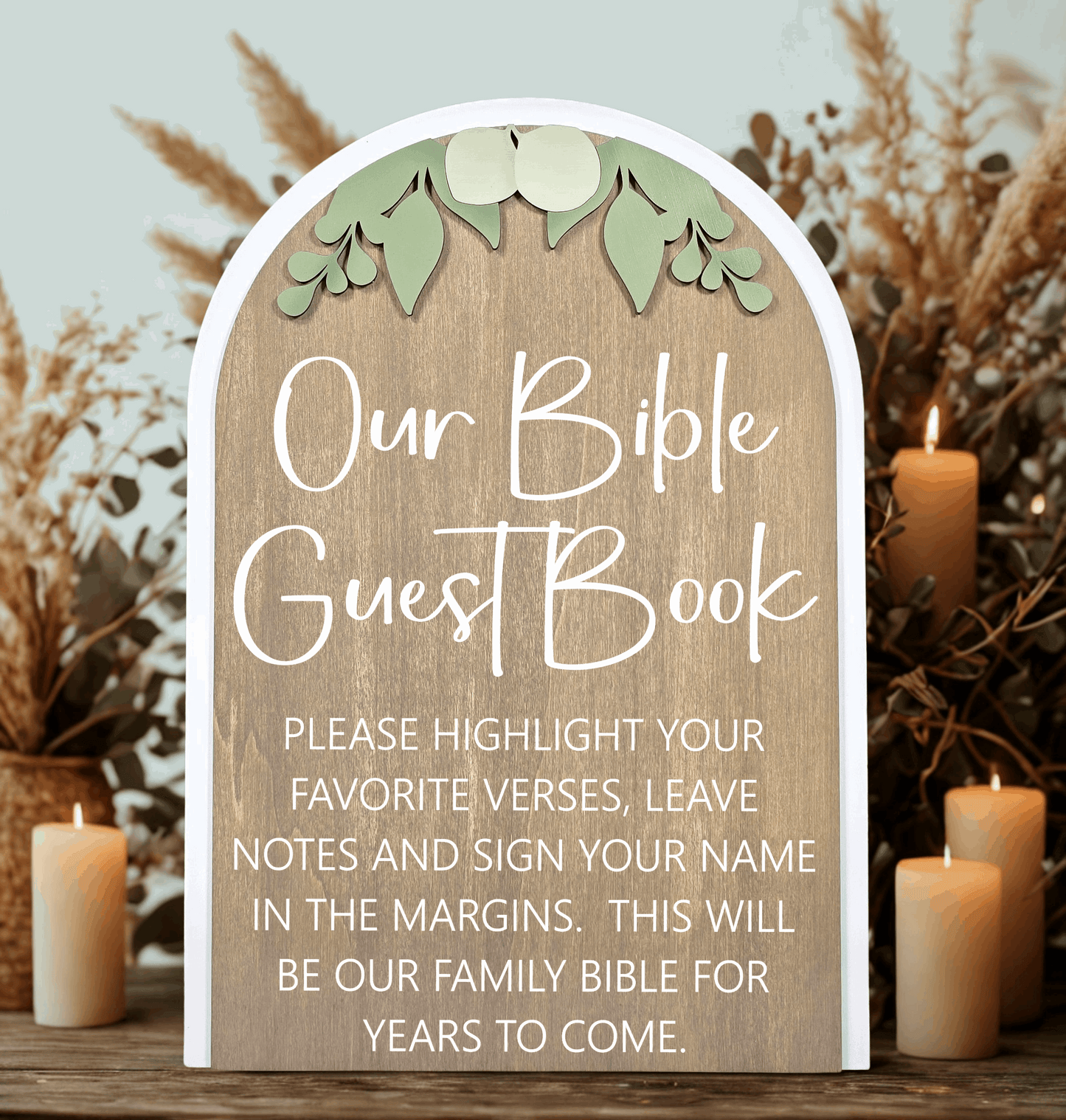 3D Arched Bible Guest Book Wedding Sign | Modern Eucalyptus Table Decor