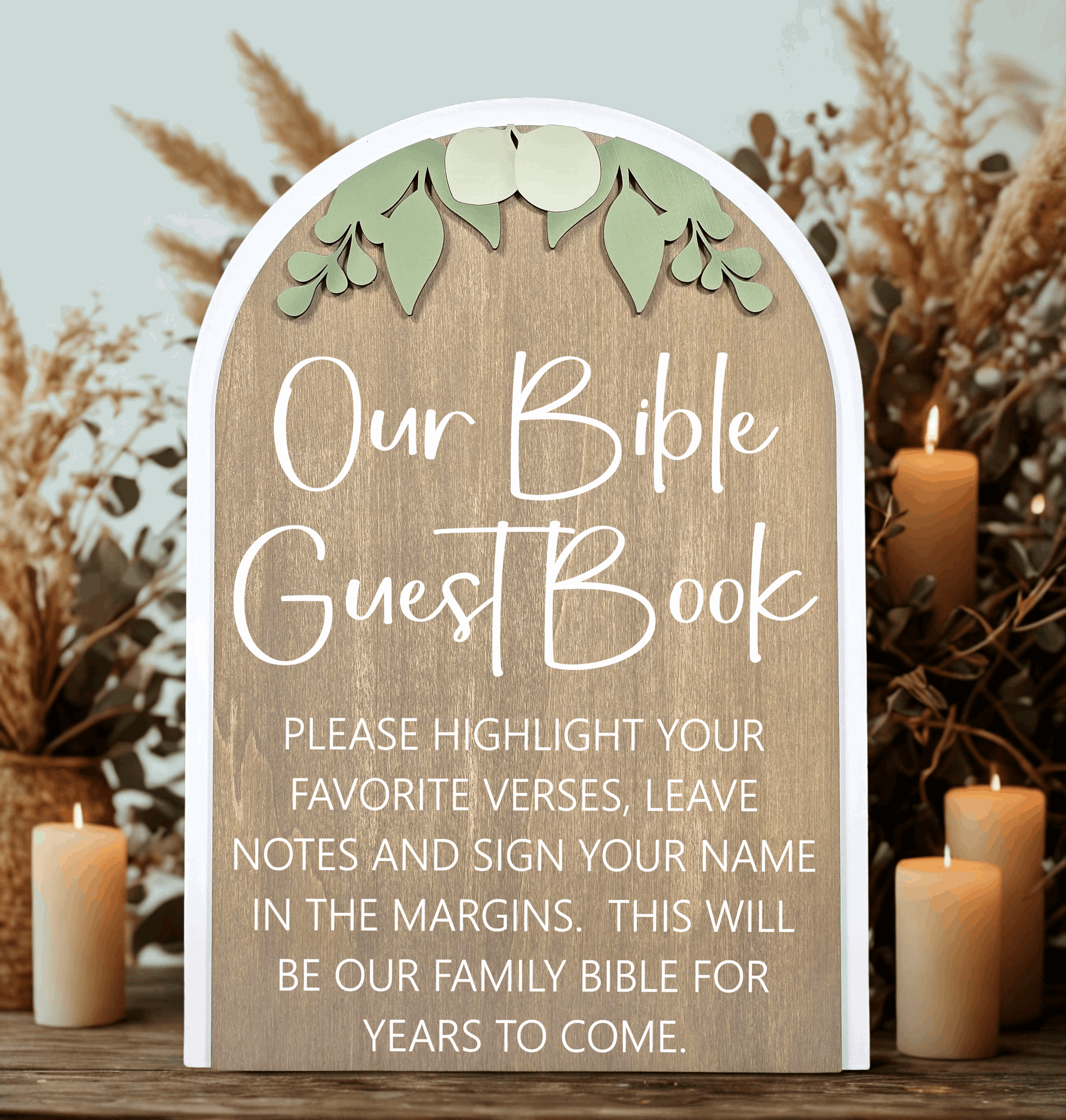 3D Arched Bible Guest Book Wedding Sign | Modern Eucalyptus Table Decor