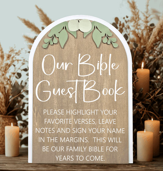 3D Arched Bible Guest Book Wedding Sign | Modern Eucalyptus Table Decor