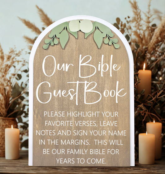 3D Arched Bible Guest Book Wedding Sign | Modern Eucalyptus Table Decor